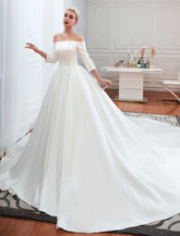 3/4 Sleeve Satin Aline Wedding Dress With Chapel Train