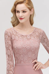 3/4 Sleeves Floral Lace Chiffon A-line Bridesmaid Dress Dusty Rose