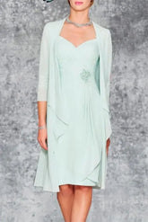 3/4 Sleeves Knee Length Ruffle Chiffon Mother of the Bride Outfits with Lace