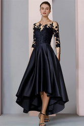 3/4 Sleeves Satin Hi-Lo Mother of-Bride Dress with Appliques