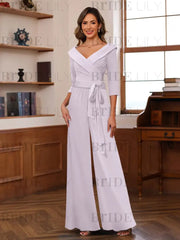 3/4 Sleeves V-Neck Chiffon Mother of the Bride Jumpsuit Pleated Women Wear Outfit