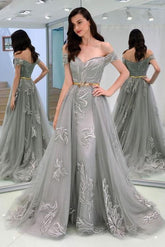 A-Line Appliques Off-the-Shoulder Gray Evening With Sashes Long Tulle Prom Dress