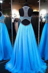 A-Line Blue Jewel Sleeveless Beading Tulle Dresses Sweep Train Party Dress