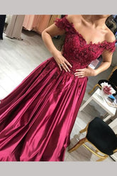 A Line Off the Shoulder Applique Satin Burgundy Prom Dress
