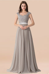 A-line Chiffon Formal Dress Silver Lace Appliques Evening Dress