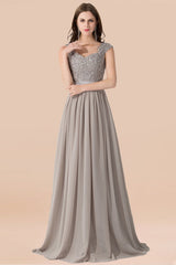 A-line Chiffon Formal Dress Silver Lace Appliques Evening Dress