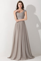 A-line Chiffon Formal Dress Silver Lace Appliques Evening Dress