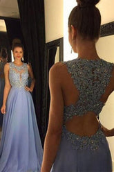 A-line Chiffon Lace Long Prom Round Neck Evening Dress Sequin Formal Dresses