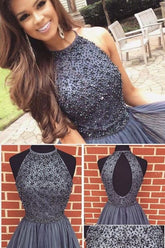 A-line Dark Gray Jewel Sleeveless Beaded Backless Tulle Homecoming Short Party Dress