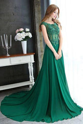 A-line Dark Green Cap Sleeve Scoop Applique Chiffon Long Prom Dress with Beaded