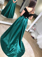 A-line Dark Green Off-the-shoulder Sweep Train Evening Dress Prom Gown