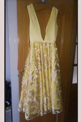 A-line Deep Neck Sleeveless Tea-Length Prom with V Back Lace Homecoming Dress