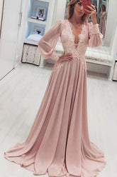 A-Line Deep V-Neck Pink Prom Dress with Appliques Long Sleeves