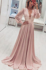 A-Line Deep V-Neck Pink Prom Dress with Appliques Long Sleeves