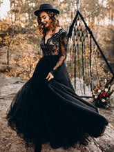 A-Line Designed Black Wedding Dresses Long Sleeves Tulle Lace Bridal Gown