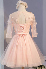 A Line Half Sleeves Knee Length Tulle Dress with Flowers Short Prom Dresses