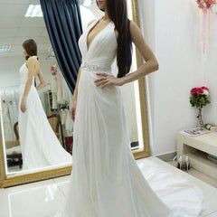 A-line Halter Chiffon Backless Court Train Beach Wedding Dress