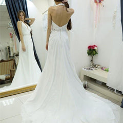 A-line Halter Chiffon Backless Court Train Beach Wedding Dress