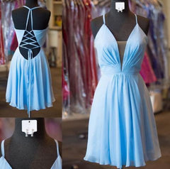 A-Line Halter Criss-Cross Straps Chiffon Homecoming with Pleats Short Blue Dress