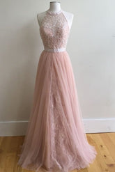 A-Line Halter Pink Floor-Length Dresses Sleeveless Tulle Prom Dress with Appliques