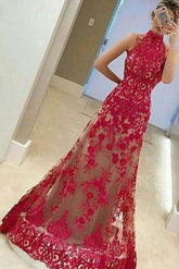 A-Line High Neck Sleeveless Floor-Length Red Lace Prom Dress