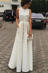 A-line Ivory Jewel Sleeveless Lace Formal Dresses Evening Dress