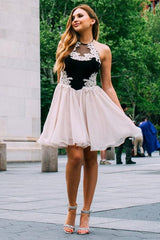 A-Line Jewel Pearl Pink Chiffon Homecoming Dress with Lace Mini Sweet 16 Dresses