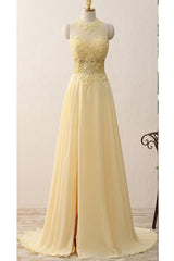 A Line Jewel Sleeveless Appliqued Prom with Beading Yellow Chiffon Evening Dress