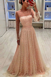 A-Line Jewel Sleeves Pearl Pink Long Prom Dress with Pearls Formal Dress