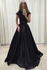 A-line Light Blue Two Piece Short Sleeves Round Neck Satin Prom Dress with Lace