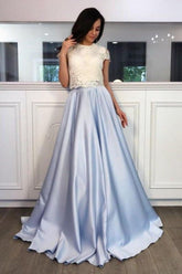 A-line Light Blue Two Piece Short Sleeves Round Neck Satin Prom Dress with Lace
