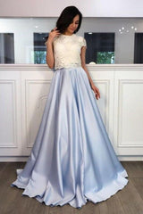 A-line Light Blue Two Piece Short Sleeves Round Neck Satin Prom Dress with Lace