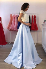 A-line Light Blue Two Piece Short Sleeves Round Neck Satin Prom Dress with Lace