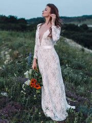 A-Line Long Sleeves V-Neck Ivory Lace Wedding Dress