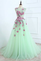 A Line Mint Green Sleeveless Formal Dress Appliques Tulle Prom Dress Long