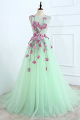 A Line Mint Green Sleeveless Formal Dress Appliques Tulle Prom Dress Long