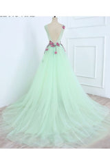 A Line Mint Green Sleeveless Formal Dress Appliques Tulle Prom Dress Long