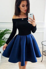 A-Line Off the Shoulder Blue and Black Homecoming Short Prom Dresses