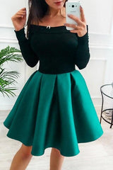 A-Line Off the Shoulder Blue and Black Homecoming Short Prom Dresses