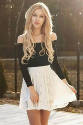 A-Line Off-the-Shoulder Lace Mini Homecoming Party Dress with Long Sleeves