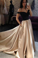 A Line Off the Shoulder Floor Length Evening Dress with Black Top