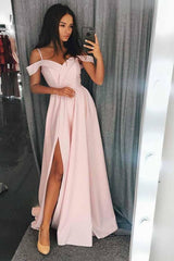 A Line Off the Shoulder Long Prom Dress Front Slit Evening Gown