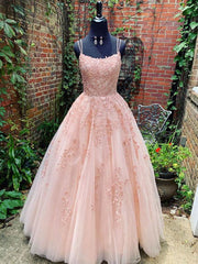 A Line Pink Lace Prom Dress Tulle Formal Graduation Evening Dress