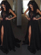 A-Line Scoop Sleeveless Satin Chiffon Prom Dresses with Front Split