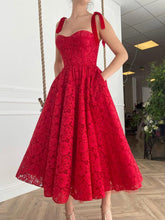 A Line Red Lace Tea Length Prom Dress with Pocket Vintage Sleeveless Formal Dress
