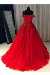 A-line Red Off the Shoulder Prom Dress with Lace Appliques Long Tulle Evening Gown