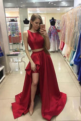 A-line Red Sleeveless Two Piece Long Satin Prom Evening Dress For Teens