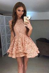 A-Line Round Neck Mini Prom Cute Lace Short Homecoming Dress