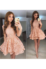 A-Line Round Neck Mini Prom Cute Lace Short Homecoming Dress