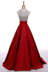 A-Line Round Neck Red Long Prom Dress with Beading Sleeveless Evening Dresses